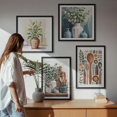 Conjunto de 4 quadros com moldura Acessórios de cozinha à base de plantas