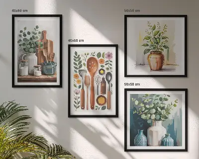 Conjunto de 4 quadros com moldura com temática de acessórios de cozinha à base de plantas