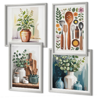 Conjunto de 4 quadros com moldura Acessórios de cozinha à base de plantas