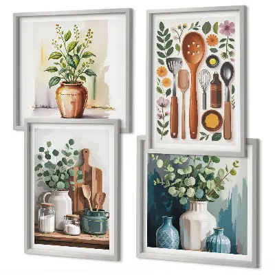 Conjunto de 4 quadros com moldura com temática de acessórios de cozinha à base de plantas