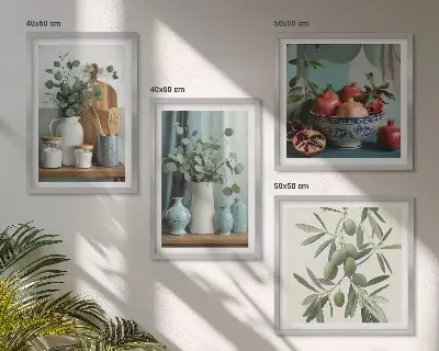 Composição de quadros com estampa de azeitonas verdes e eucalipto