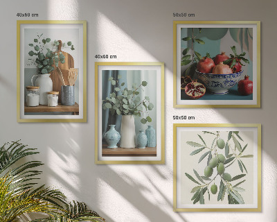Composição de quadros azeitonas verdes eucalipto