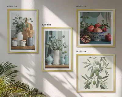 Composição de quadros com estampa de azeitonas verdes e eucalipto