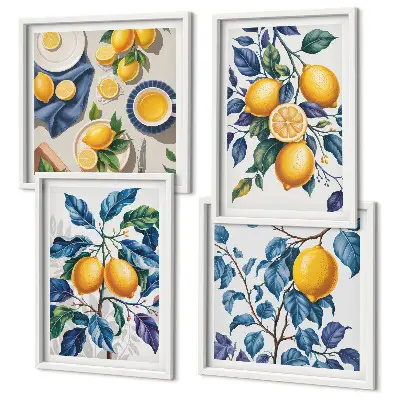 Conjunto de 4 quadros com moldura estampa de ramos de limão e folhas azuis