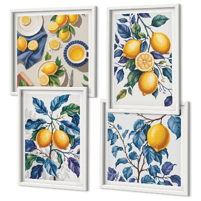 Conjunto de 4 quadros com moldura Ramos de limão folhas azuis