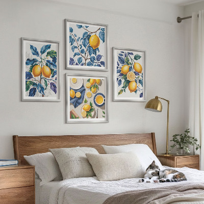 Conjunto de 4 quadros com moldura Ramos de limão folhas azuis