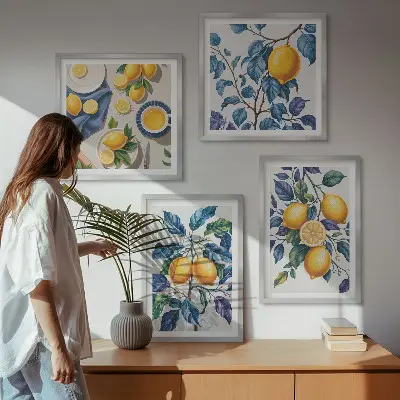 Conjunto de 4 quadros com moldura estampa de ramos de limão e folhas azuis