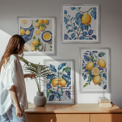 Conjunto de 4 quadros com moldura Ramos de limão folhas azuis