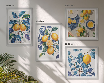 Conjunto de 4 quadros com moldura Ramos de limão folhas azuis