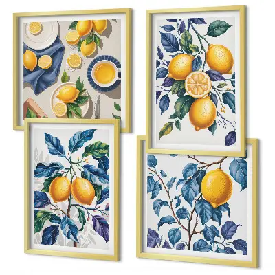 Conjunto de 4 quadros com moldura estampa de ramos de limão e folhas azuis