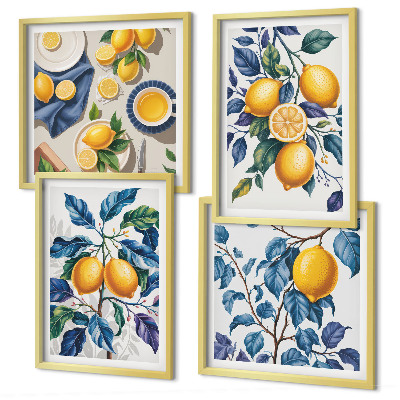 Conjunto de 4 quadros com moldura Ramos de limão folhas azuis