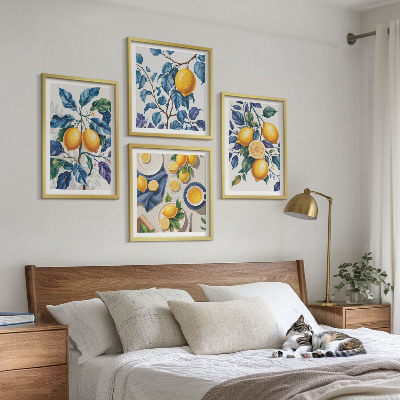 Conjunto de 4 quadros com moldura Ramos de limão folhas azuis