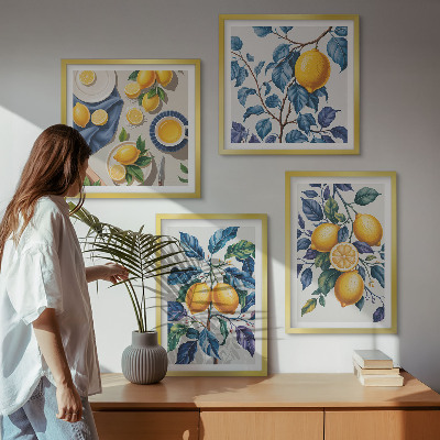 Conjunto de 4 quadros com moldura Ramos de limão folhas azuis