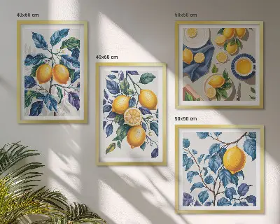 Conjunto de 4 quadros com moldura estampa de ramos de limão e folhas azuis