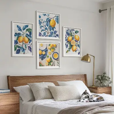 Conjunto de 4 quadros com moldura estampa de ramos de limão e folhas azuis