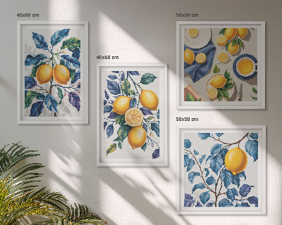 Conjunto de 4 quadros com moldura Ramos de limão folhas azuis