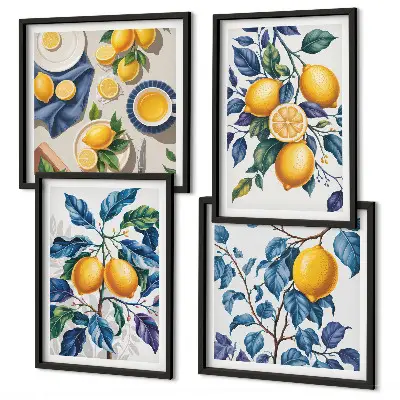Conjunto de 4 quadros com moldura estampa de ramos de limão e folhas azuis