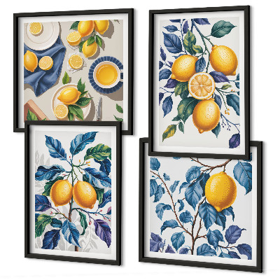 Conjunto de 4 quadros com moldura Ramos de limão folhas azuis