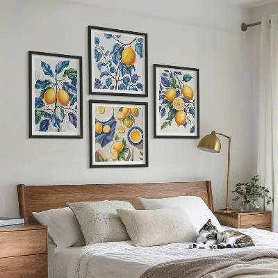 Conjunto de 4 quadros com moldura estampa de ramos de limão e folhas azuis
