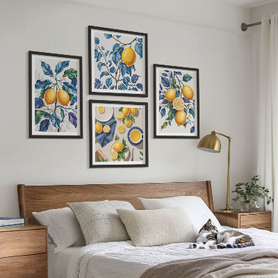 Conjunto de 4 quadros com moldura Ramos de limão folhas azuis