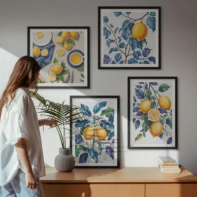 Conjunto de 4 quadros com moldura estampa de ramos de limão e folhas azuis