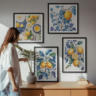 Conjunto de 4 quadros com moldura Ramos de limão folhas azuis