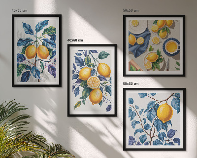 Conjunto de 4 quadros com moldura Ramos de limão folhas azuis