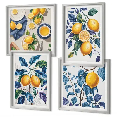 Conjunto de 4 quadros com moldura estampa de ramos de limão e folhas azuis