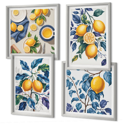 Conjunto de 4 quadros com moldura Ramos de limão folhas azuis