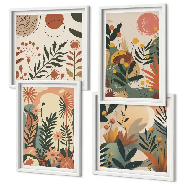 Conjunto de 4 quadros com moldura com padrões de plantas em tons pastel