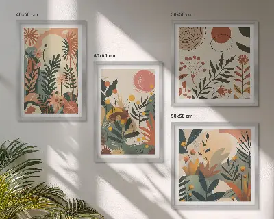 Conjunto de 4 quadros com moldura com padrões de plantas em tons pastel