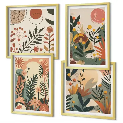 Conjunto de 4 quadros com moldura com padrões de plantas em tons pastel