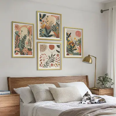 Conjunto de 4 quadros com moldura com padrões de plantas em tons pastel