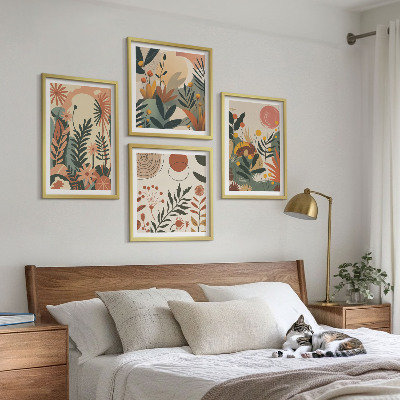 Conjunto de 4 quadros com moldura Padrões de plantas em tons pastel