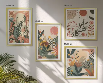 Conjunto de 4 quadros com moldura com padrões de plantas em tons pastel
