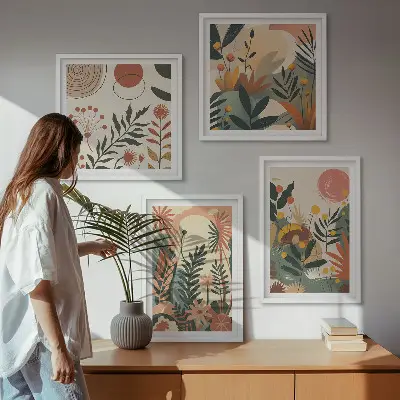 Conjunto de 4 quadros com moldura com padrões de plantas em tons pastel