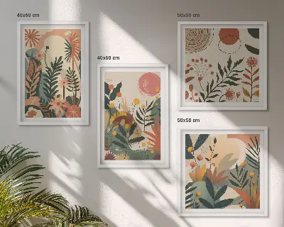 Conjunto de 4 quadros com moldura com padrões de plantas em tons pastel