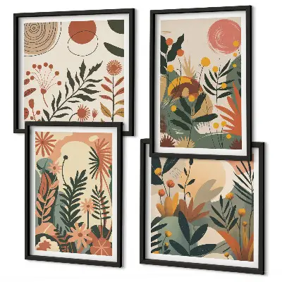 Conjunto de 4 quadros com moldura com padrões de plantas em tons pastel