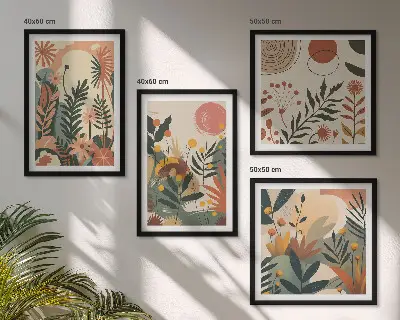 Conjunto de 4 quadros com moldura com padrões de plantas em tons pastel