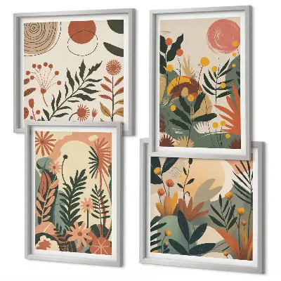 Conjunto de 4 quadros com moldura com padrões de plantas em tons pastel