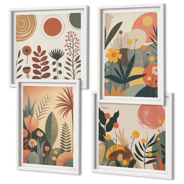 Políptico com moldura Padrões boho de plantas em tons quentes