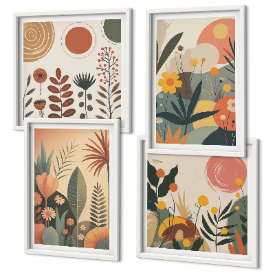 Políptico com moldura Padrões boho de plantas em tons quentes