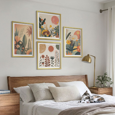 Políptico com moldura Padrões boho de plantas em tons quentes
