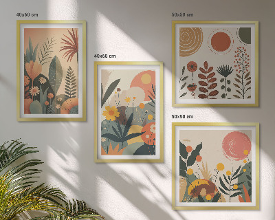 Políptico com moldura Padrões boho de plantas em tons quentes