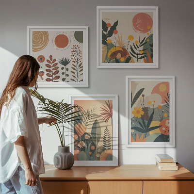 Políptico com moldura Padrões boho de plantas em tons quentes