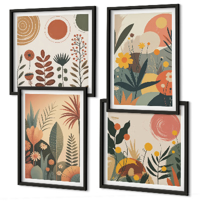 Políptico com moldura Padrões boho de plantas em tons quentes