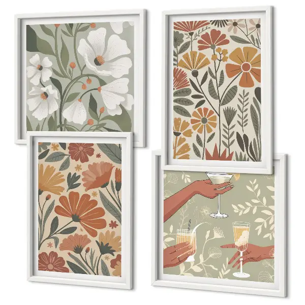 Composição de quadros com estampas florais em tons de laranja e verde