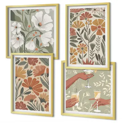 Composição de quadros com estampas florais em tons de laranja e verde