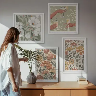 Composição de quadros com estampas florais em tons de laranja e verde