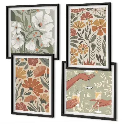 Composição de quadros com estampas florais em tons de laranja e verde
